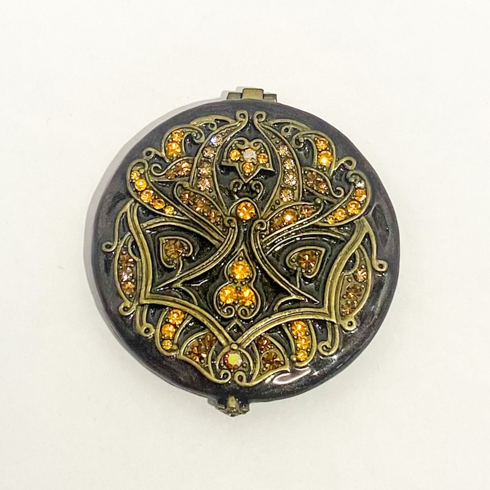 Vintage Compact Mirror with Lovely Detail in Brown and Orange Rhinestones